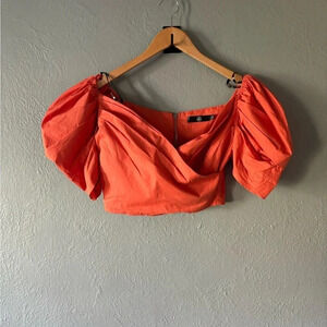 Misguided, cross over, puff sleeve, zipper, crop, top, coral, size 0